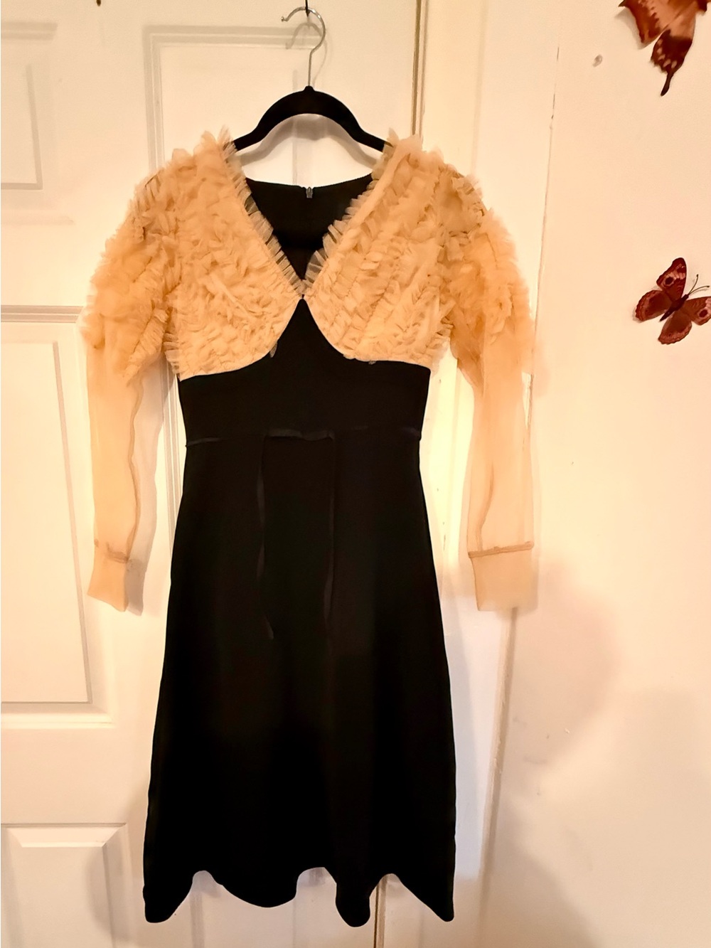 Boutique Elegant Black Dress with Peach Ruffle Bolero